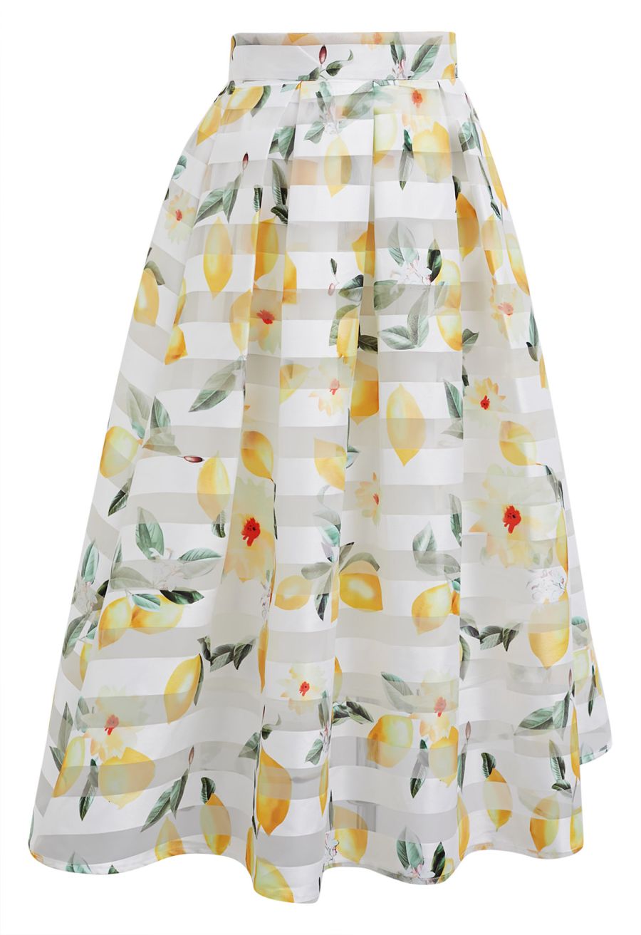 Lemon Printed Stripe Jacquard Organza Midi Skirt