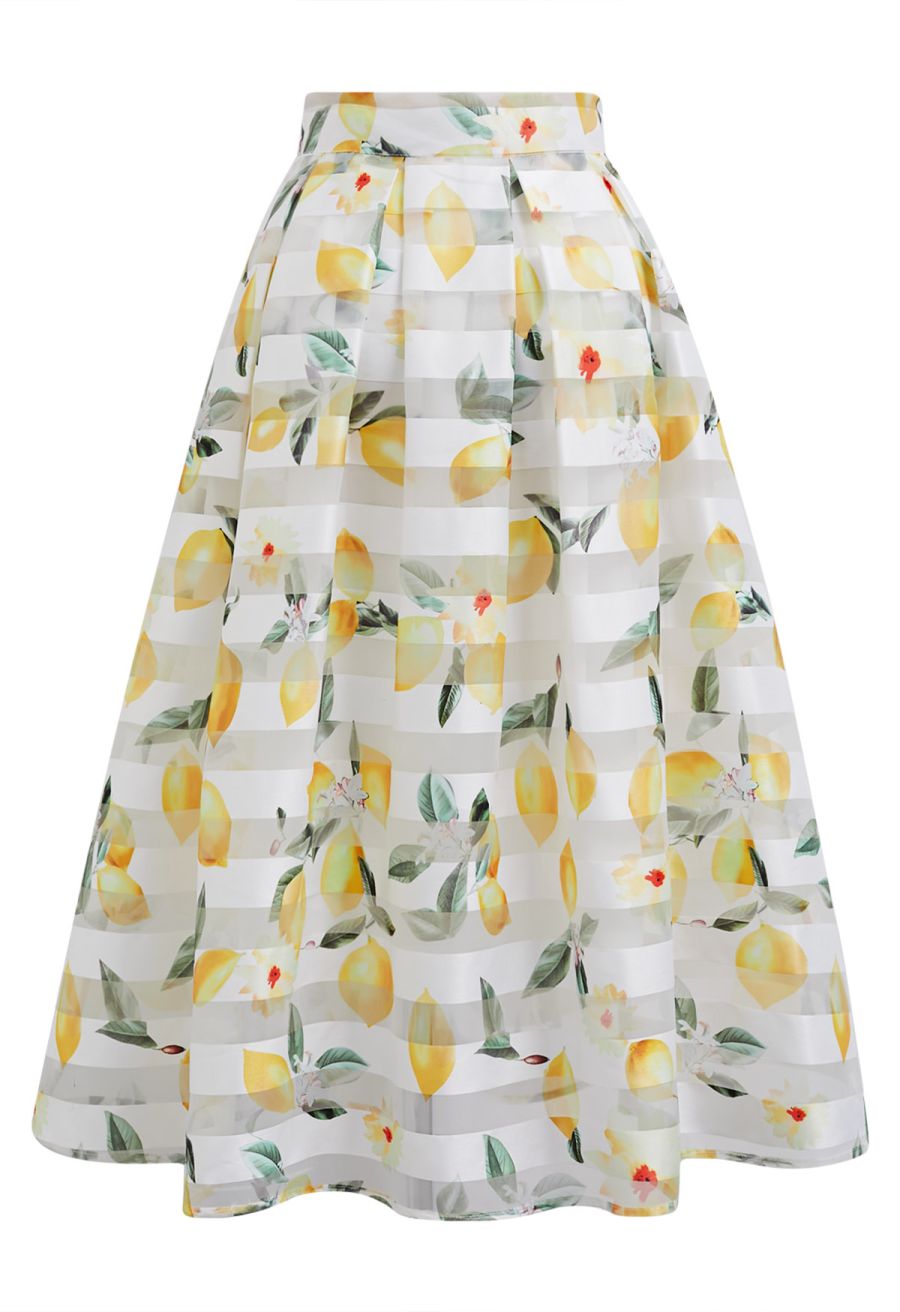 Lemon Printed Stripe Jacquard Organza Midi Skirt