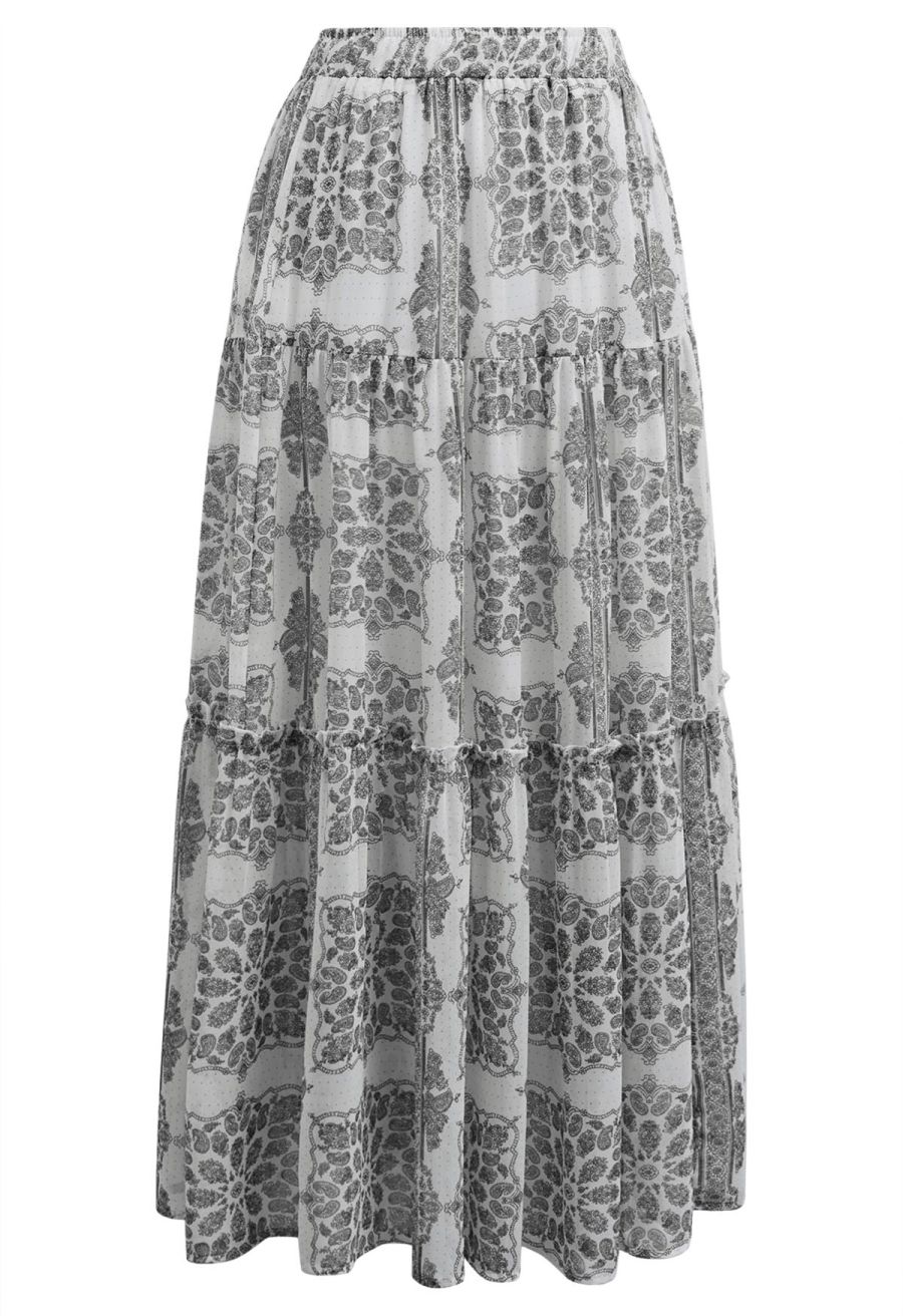 Tile Paisley Print Ruffled Tiered Chiffon Maxi Skirt in Black