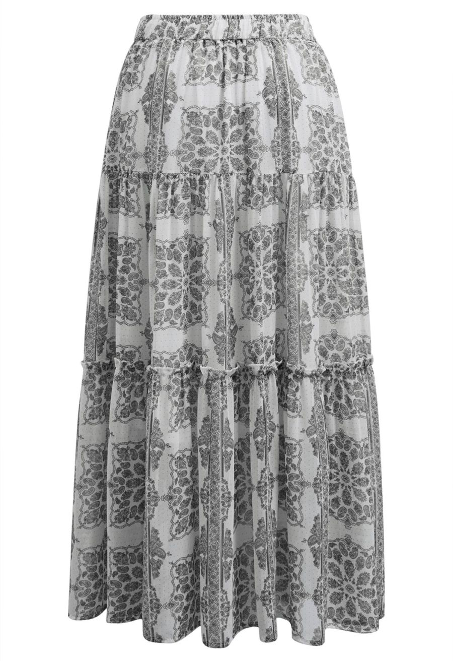 Tile Paisley Print Ruffled Tiered Chiffon Maxi Skirt in Black