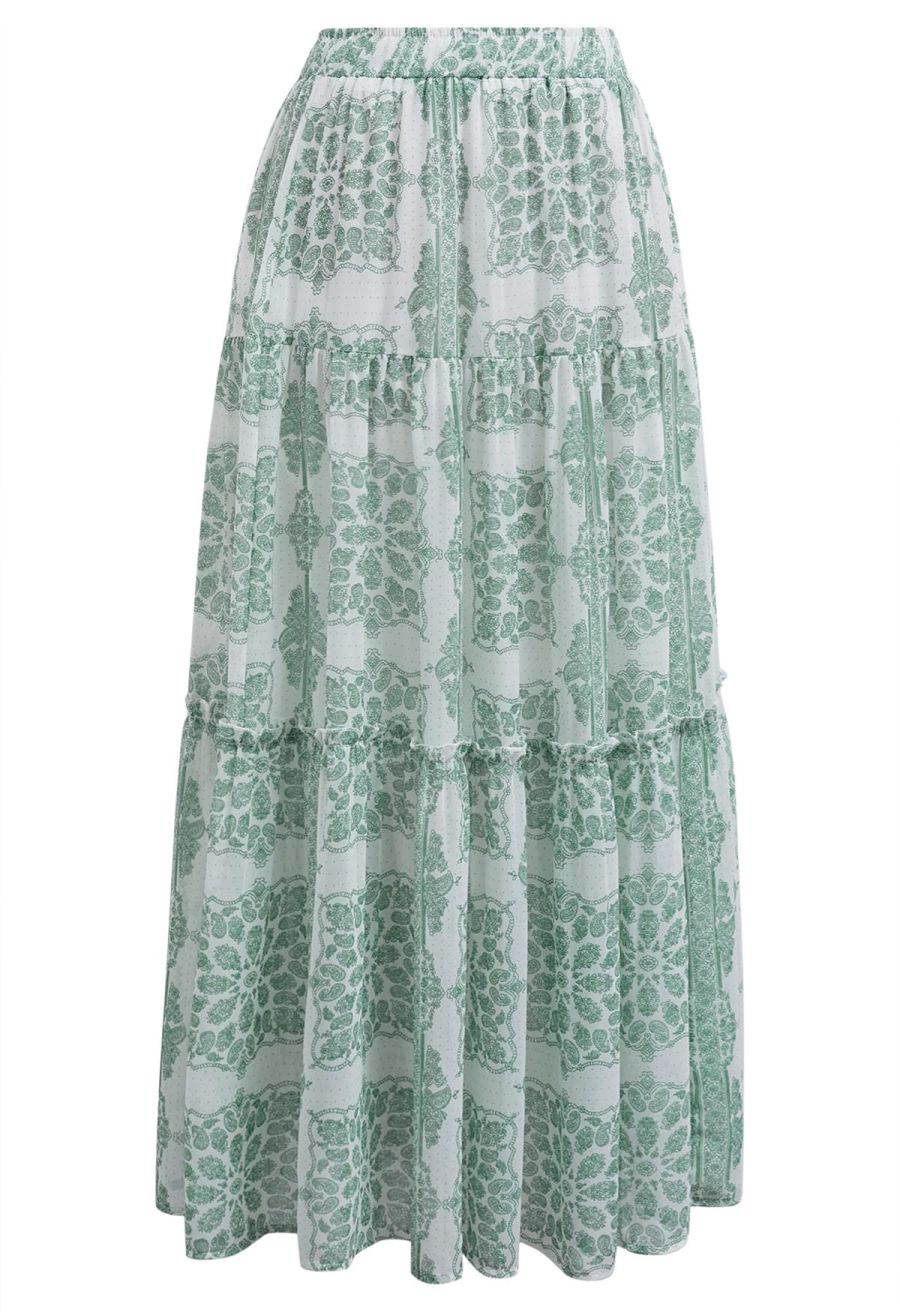 Tile Paisley Print Ruffled Tiered Chiffon Maxi Skirt in Green