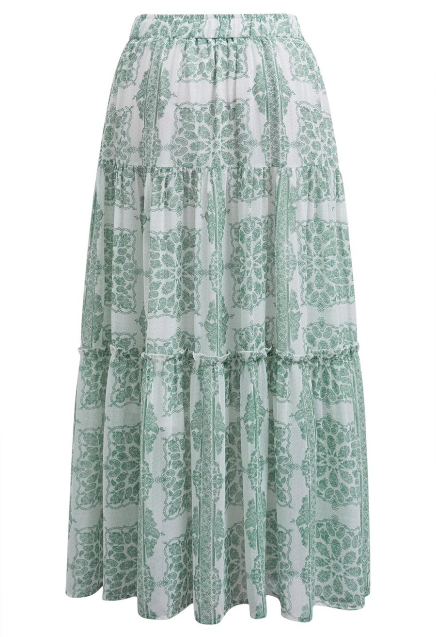 Tile Paisley Print Ruffled Tiered Chiffon Maxi Skirt in Green