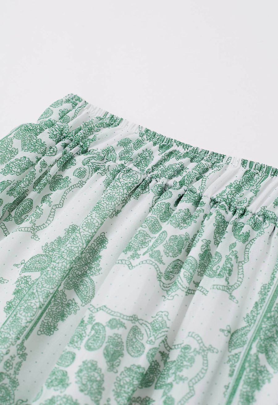 Tile Paisley Print Ruffled Tiered Chiffon Maxi Skirt in Green