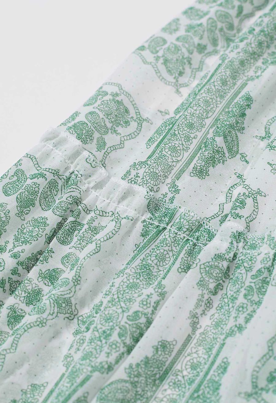 Tile Paisley Print Ruffled Tiered Chiffon Maxi Skirt in Green