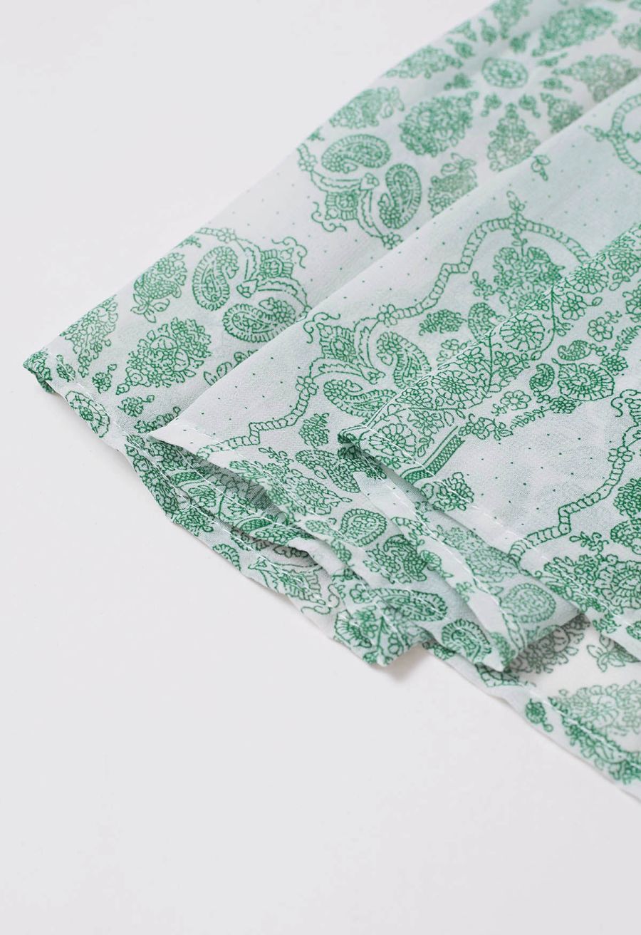 Tile Paisley Print Ruffled Tiered Chiffon Maxi Skirt in Green