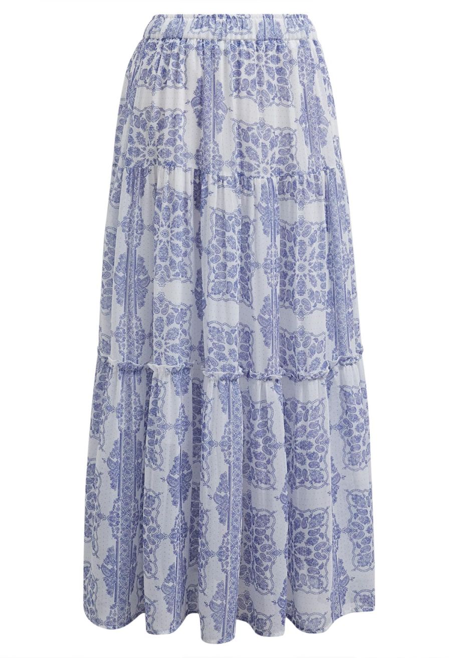 Tile Paisley Print Ruffled Tiered Chiffon Maxi Skirt in Blue