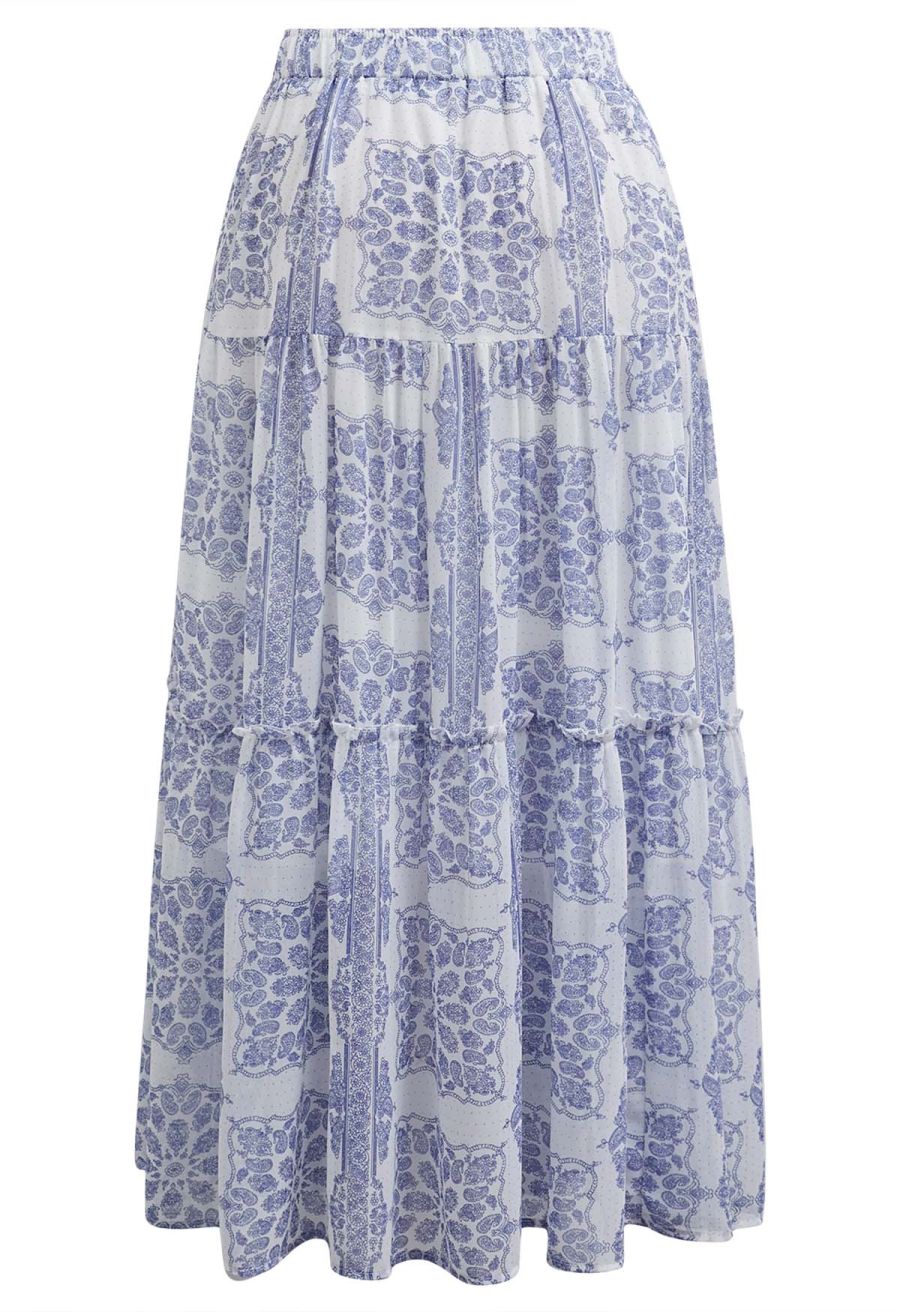 Tile Paisley Print Ruffled Tiered Chiffon Maxi Skirt in Blue