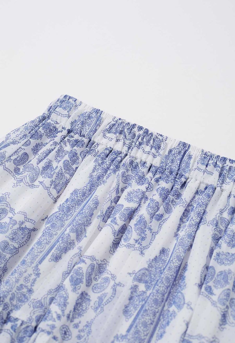 Tile Paisley Print Ruffled Tiered Chiffon Maxi Skirt in Blue