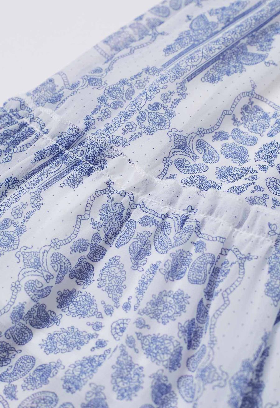 Tile Paisley Print Ruffled Tiered Chiffon Maxi Skirt in Blue