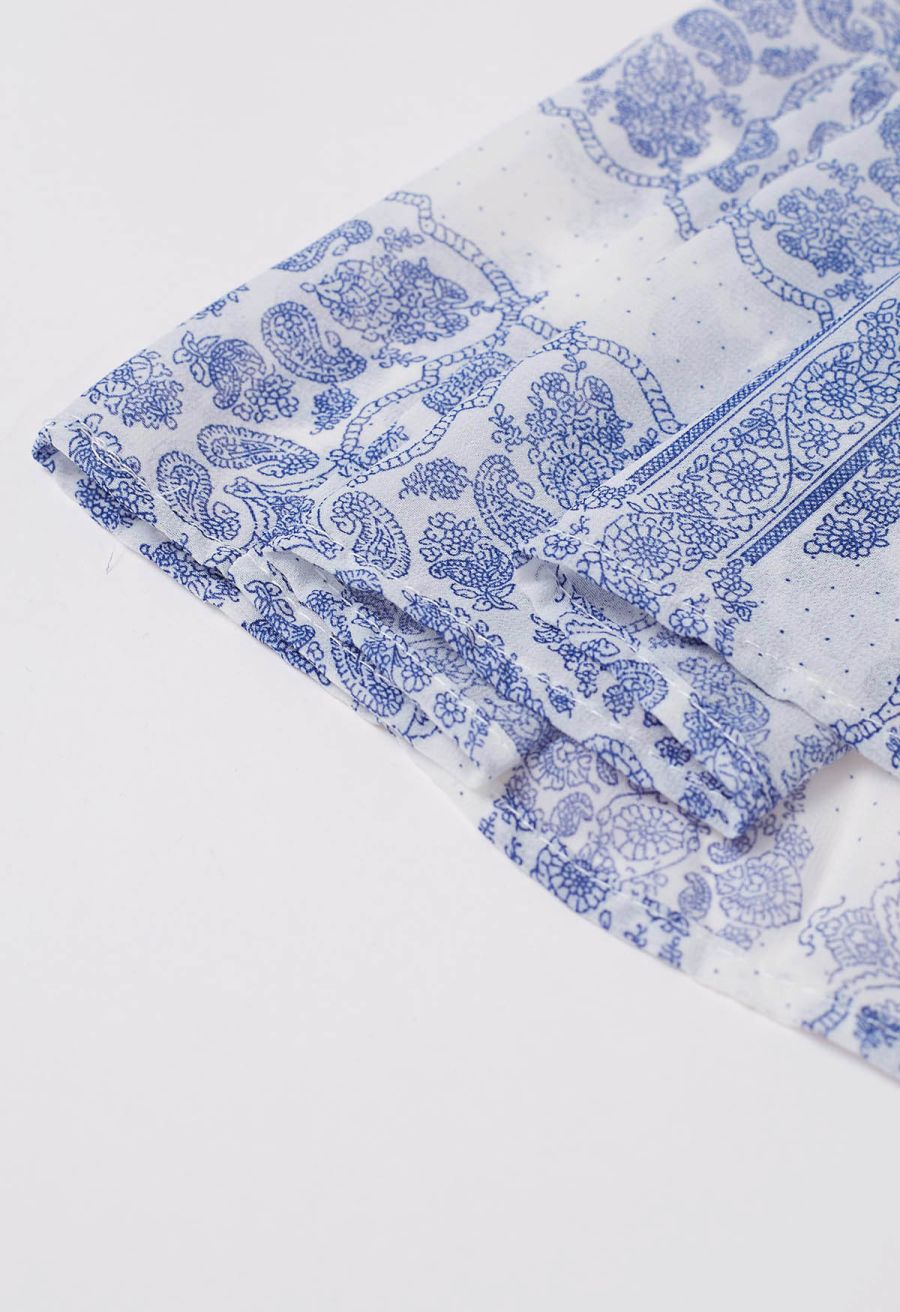 Tile Paisley Print Ruffled Tiered Chiffon Maxi Skirt in Blue