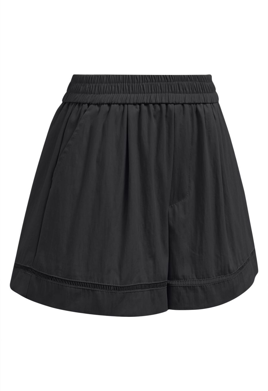 Ladder-Lace Hem Elasticated Waistband Shorts in Black