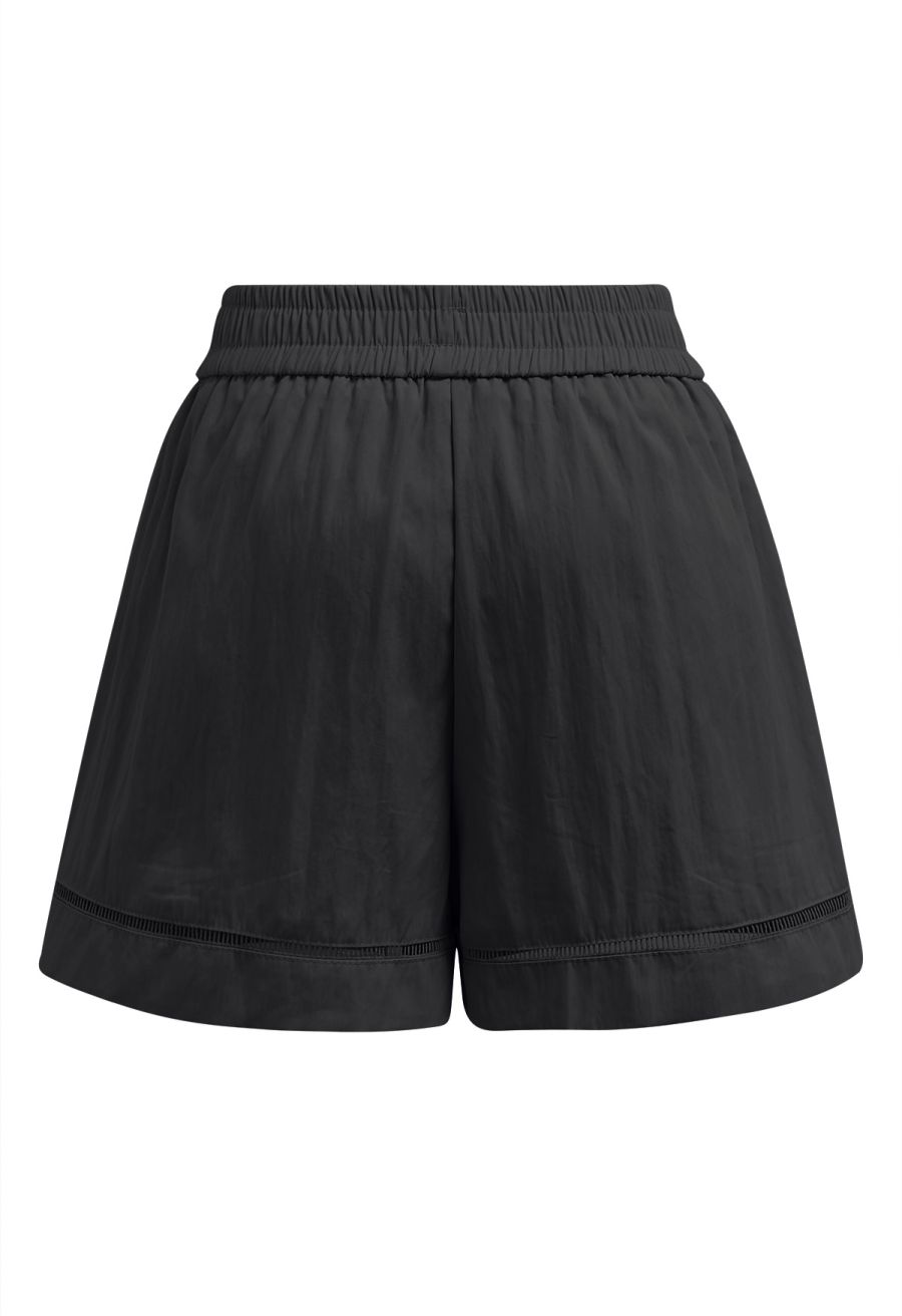 Ladder-Lace Hem Elasticated Waistband Shorts in Black