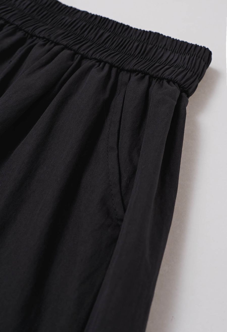 Ladder-Lace Hem Elasticated Waistband Shorts in Black
