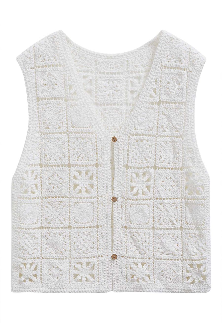 Crochet Square Cutwork Button-Front Vest in White