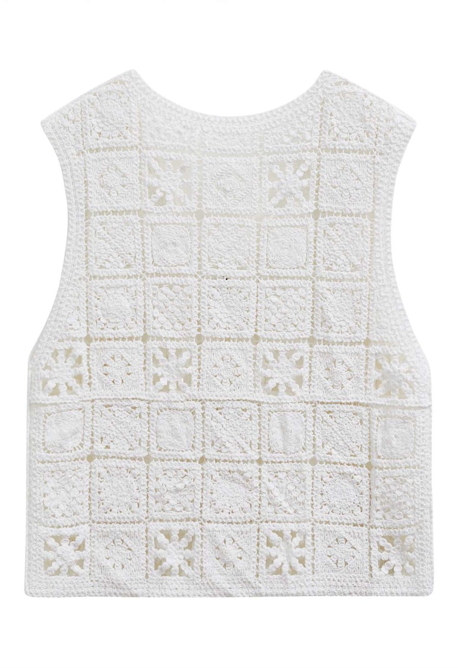 Crochet Square Cutwork Button-Front Vest in White
