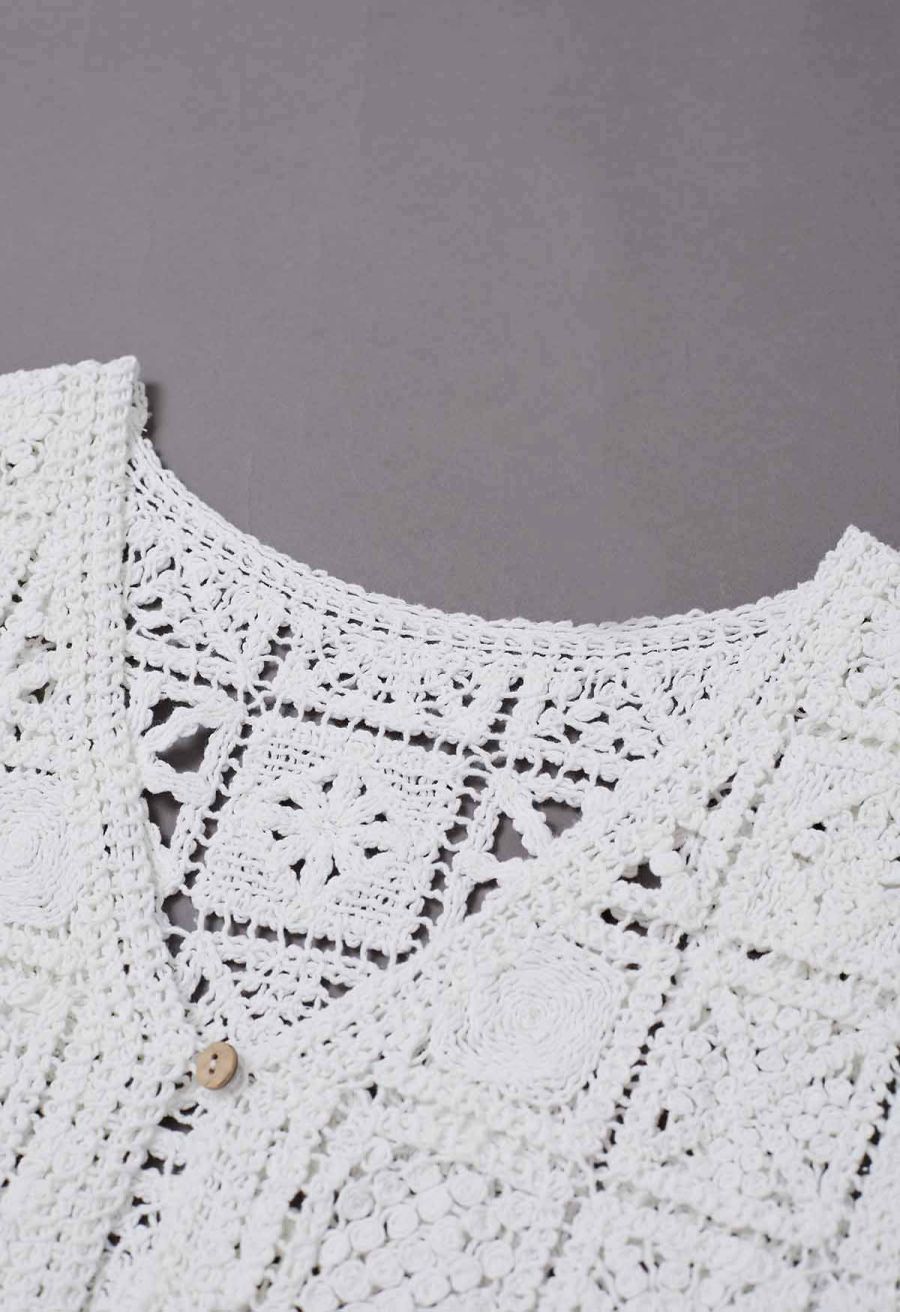 Crochet Square Cutwork Button-Front Vest in White