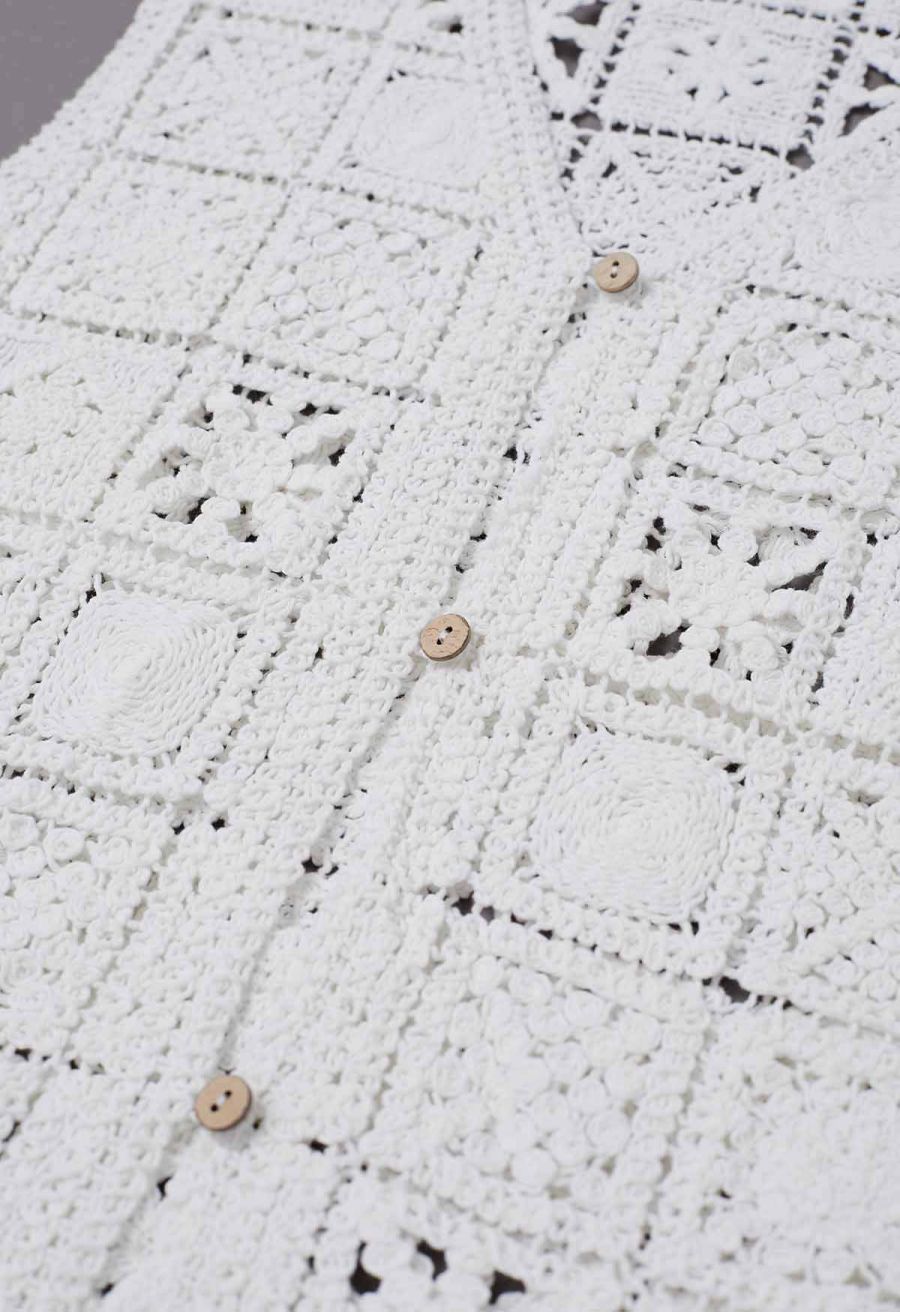 Crochet Square Cutwork Button-Front Vest in White