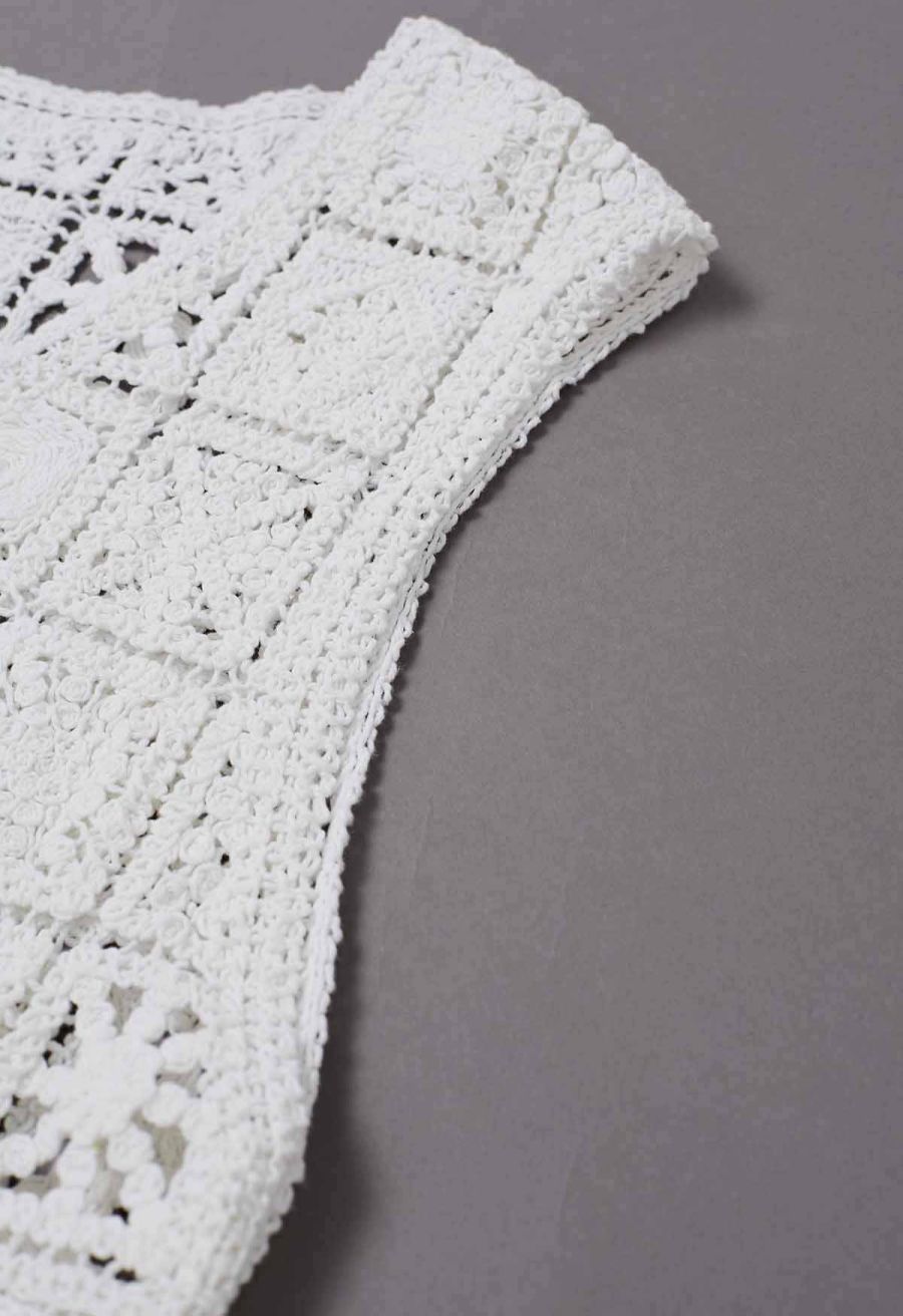 Crochet Square Cutwork Button-Front Vest in White