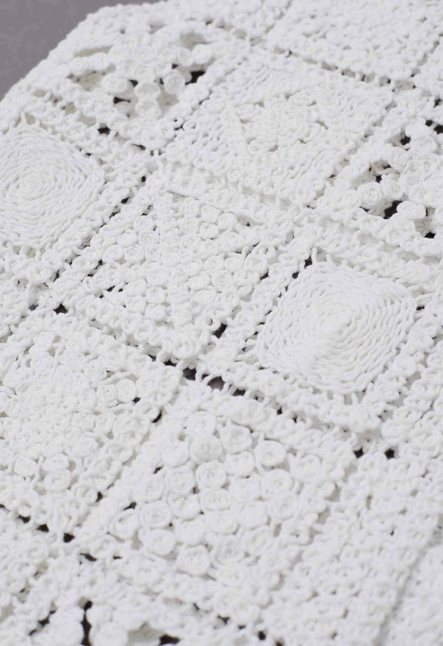 Crochet Square Cutwork Button-Front Vest in White