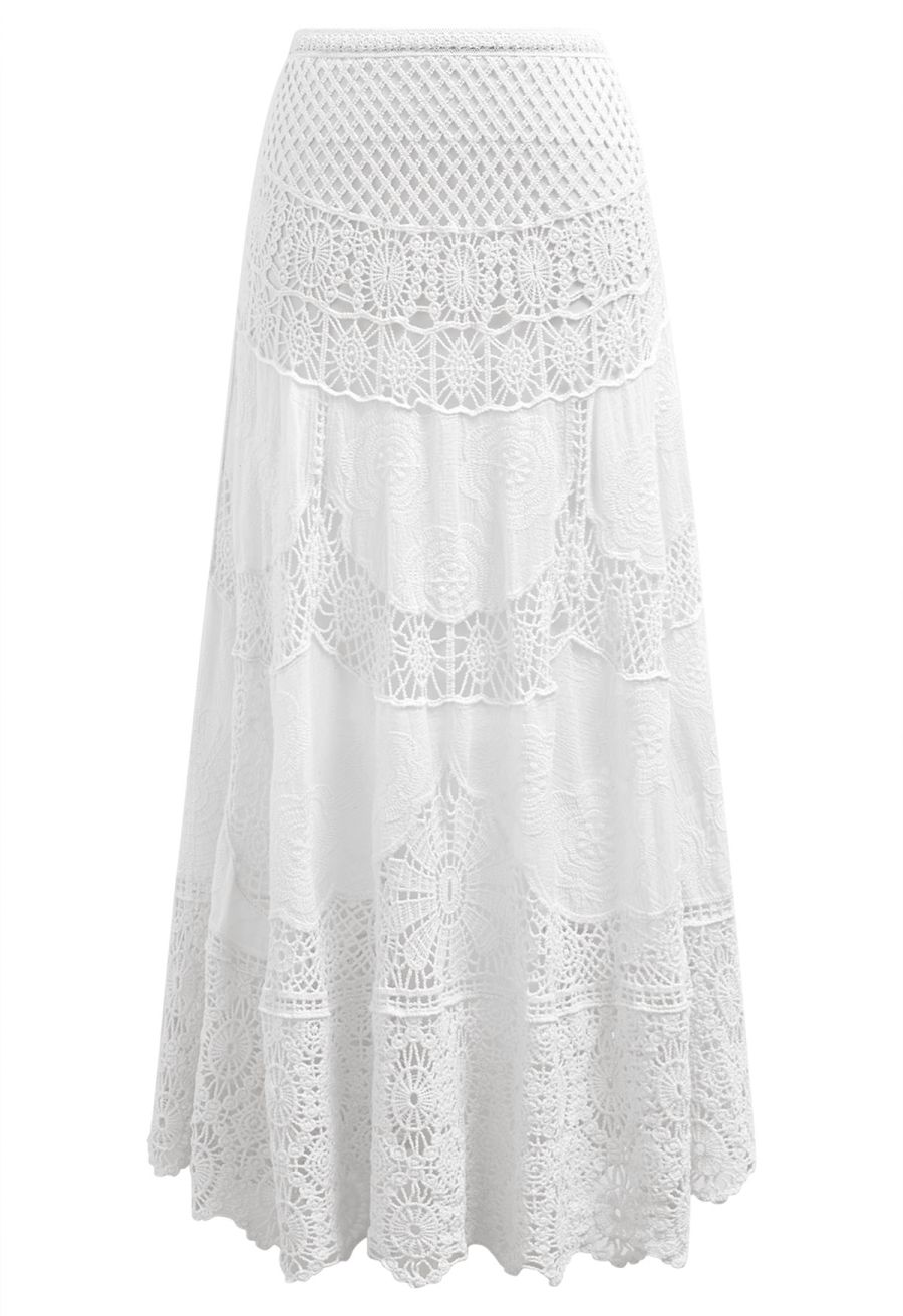 Artistry Floral Embroidered Crochet Maxi Skirt in White