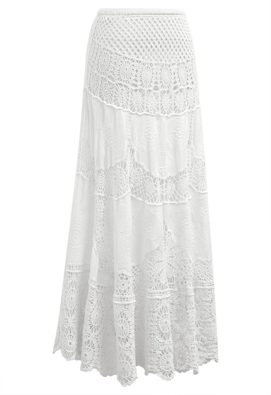 Artistry Floral Embroidered Crochet Maxi Skirt in White