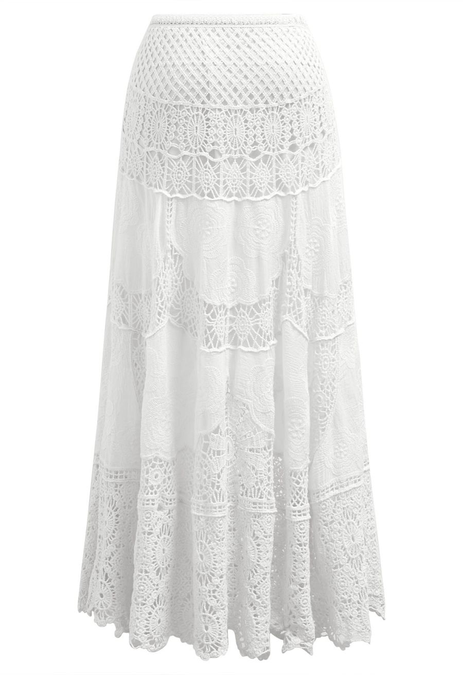 Artistry Floral Embroidered Crochet Maxi Skirt in White