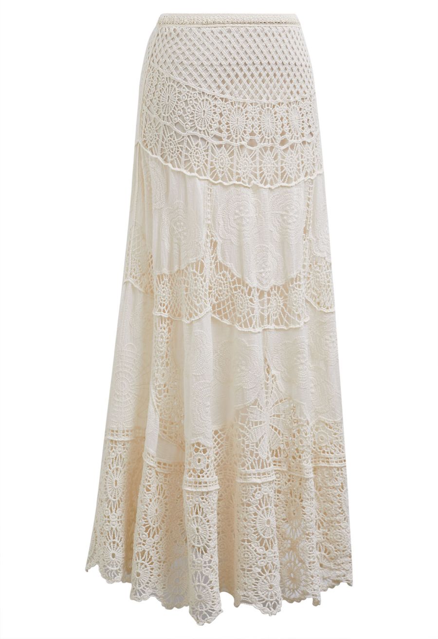 Artistry Floral Embroidered Crochet Maxi Skirt in Sand