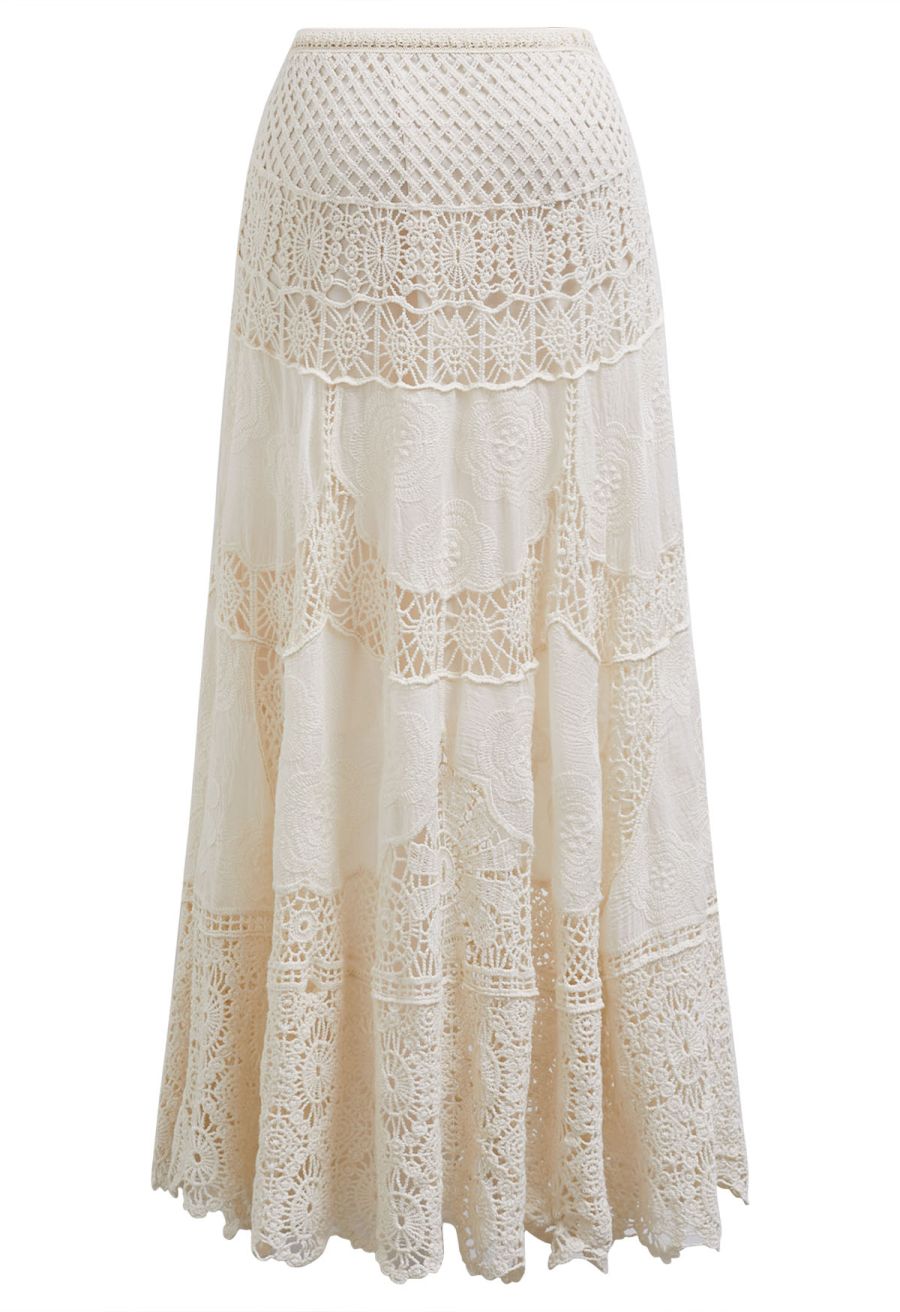Artistry Floral Embroidered Crochet Maxi Skirt in Sand