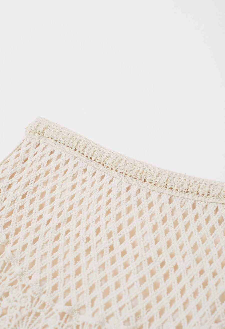 Artistry Floral Embroidered Crochet Maxi Skirt in Sand
