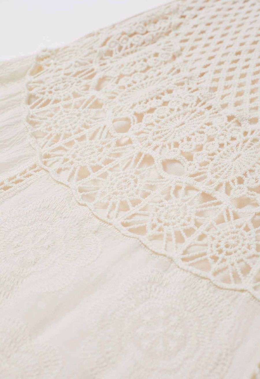 Artistry Floral Embroidered Crochet Maxi Skirt in Sand