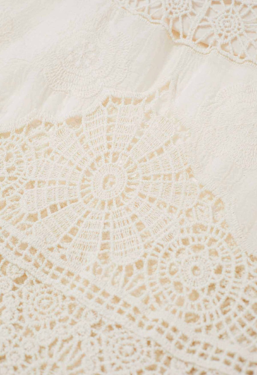 Artistry Floral Embroidered Crochet Maxi Skirt in Sand