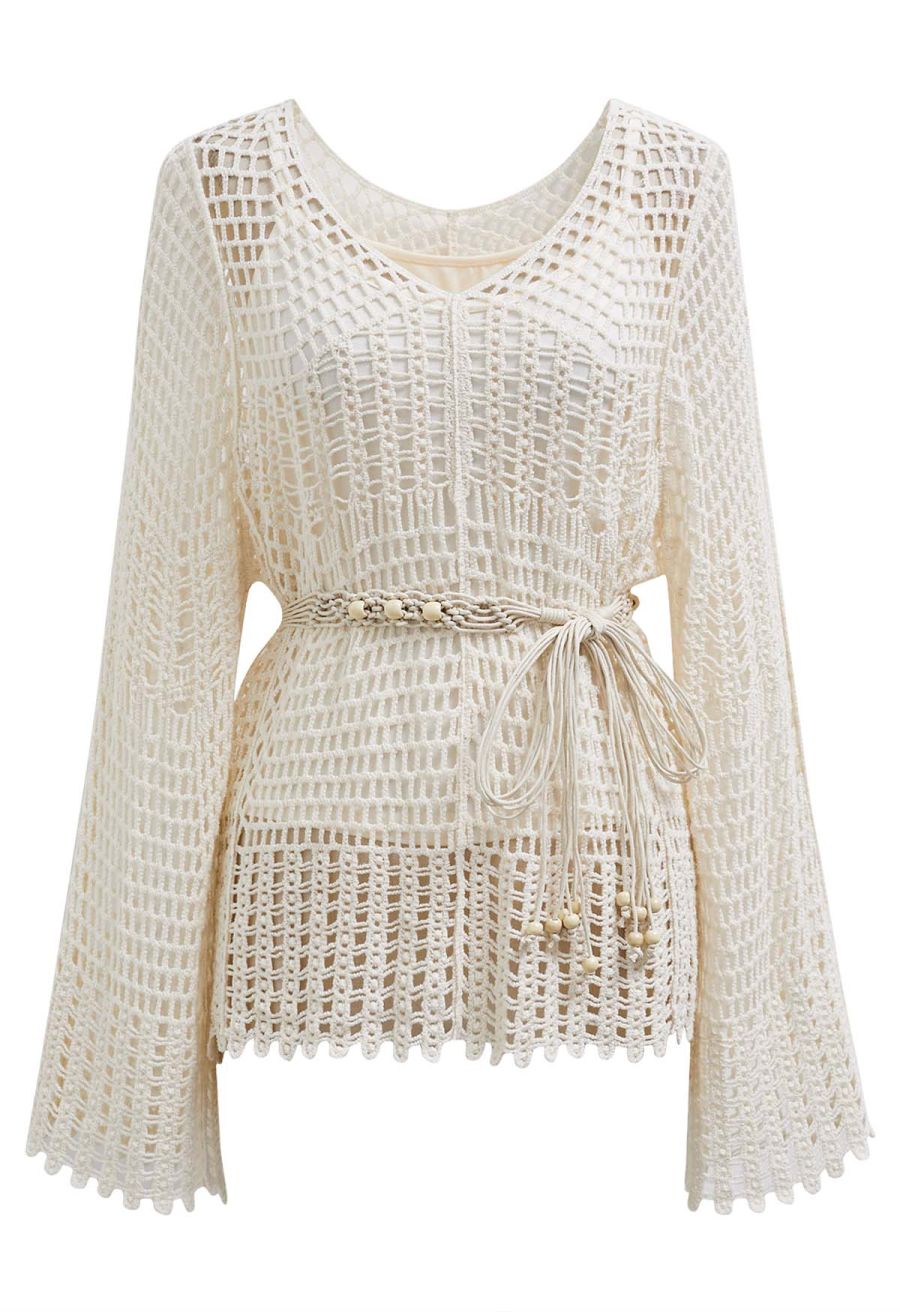 Open-Knit Crochet Belted Long Sleeve Top