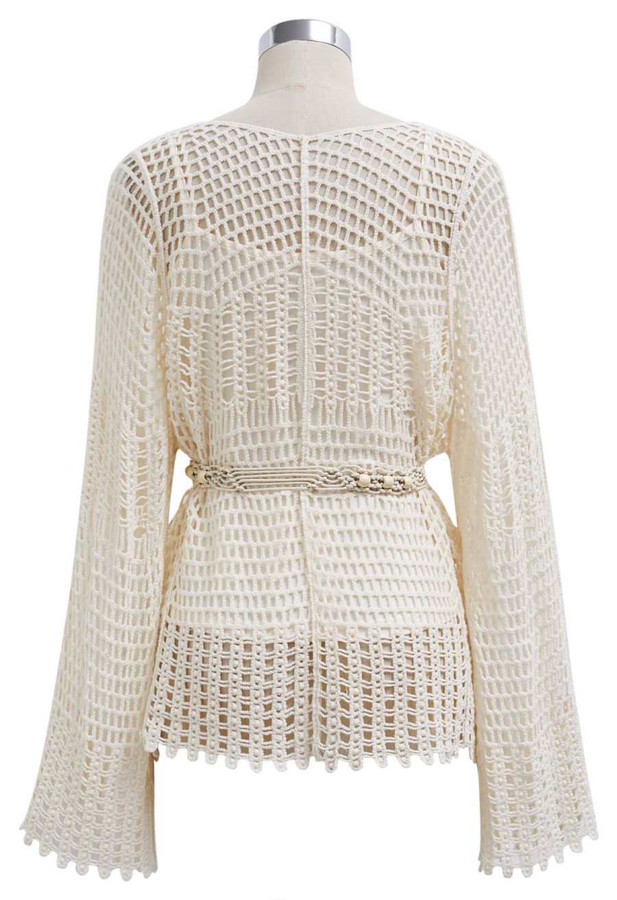 Open-Knit Crochet Belted Long Sleeve Top