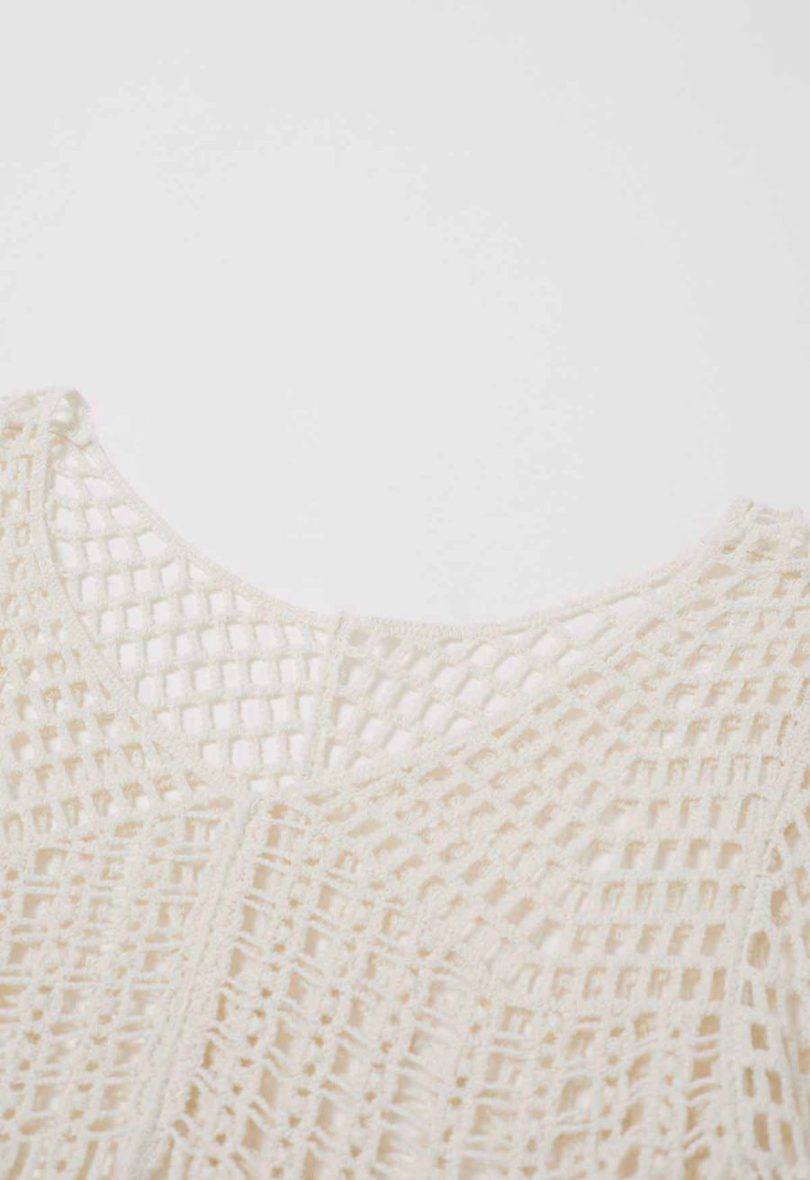 Open-Knit Crochet Belted Long Sleeve Top