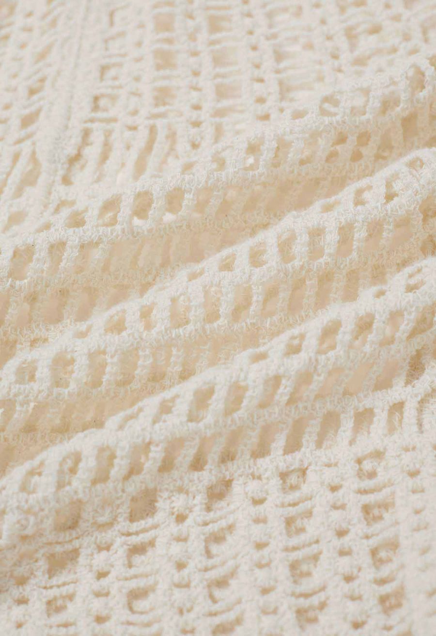 Open-Knit Crochet Belted Long Sleeve Top