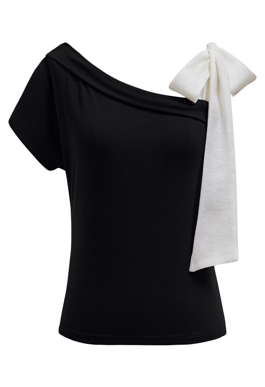 Organza Bow Accent One-Shoulder Slanted Top in Black