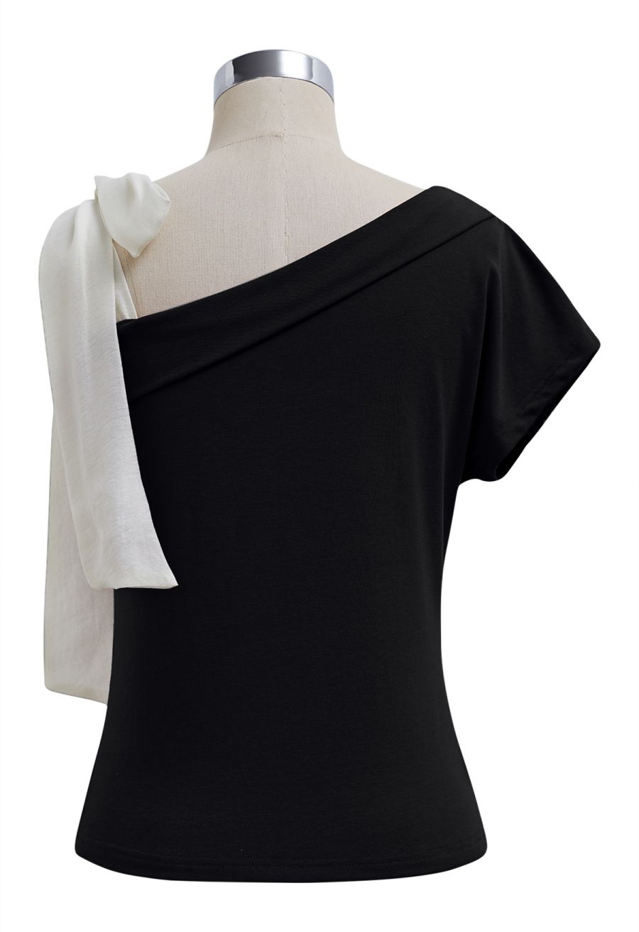 Organza Bow Accent One-Shoulder Slanted Top in Black