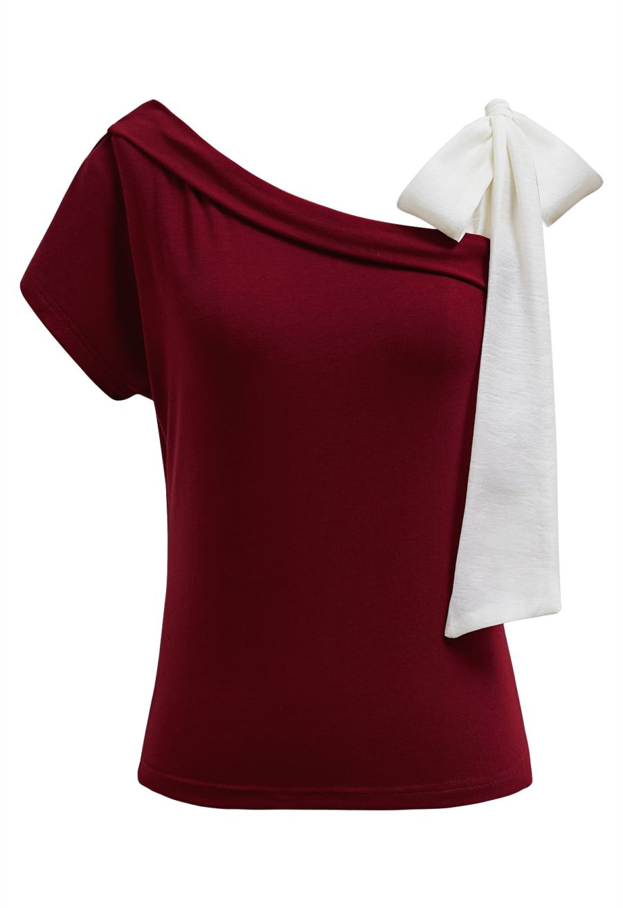 Organza Bow Accent One-Shoulder Slanted Top in Red