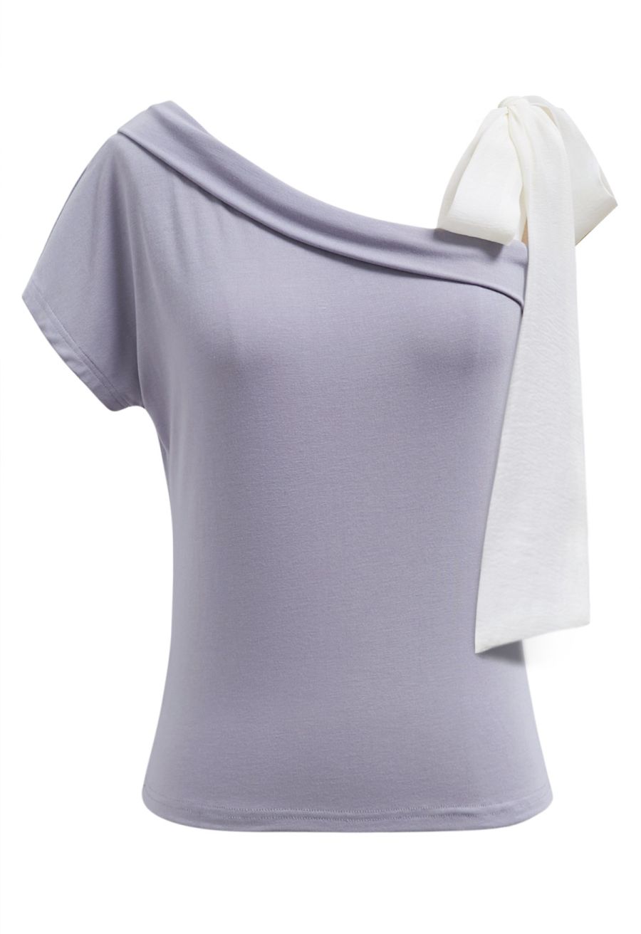 Organza Bow Accent One-Shoulder Slanted Top in Lilac