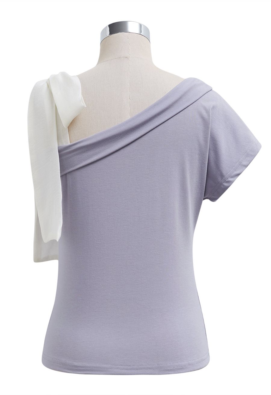 Organza Bow Accent One-Shoulder Slanted Top in Lilac