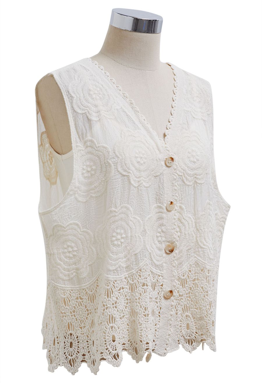 Artistry Floral Embroidered Crochet Vest in Sand