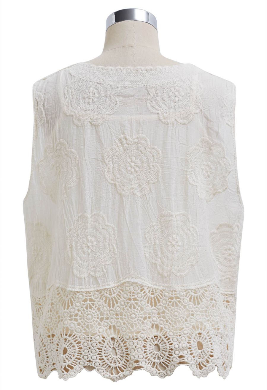 Artistry Floral Embroidered Crochet Vest in Sand
