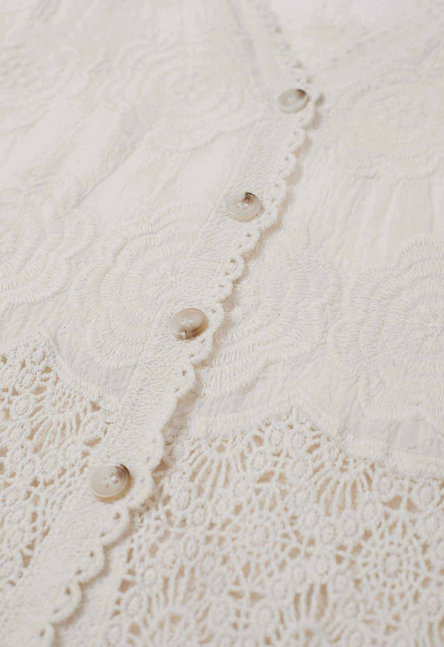 Artistry Floral Embroidered Crochet Vest in Sand