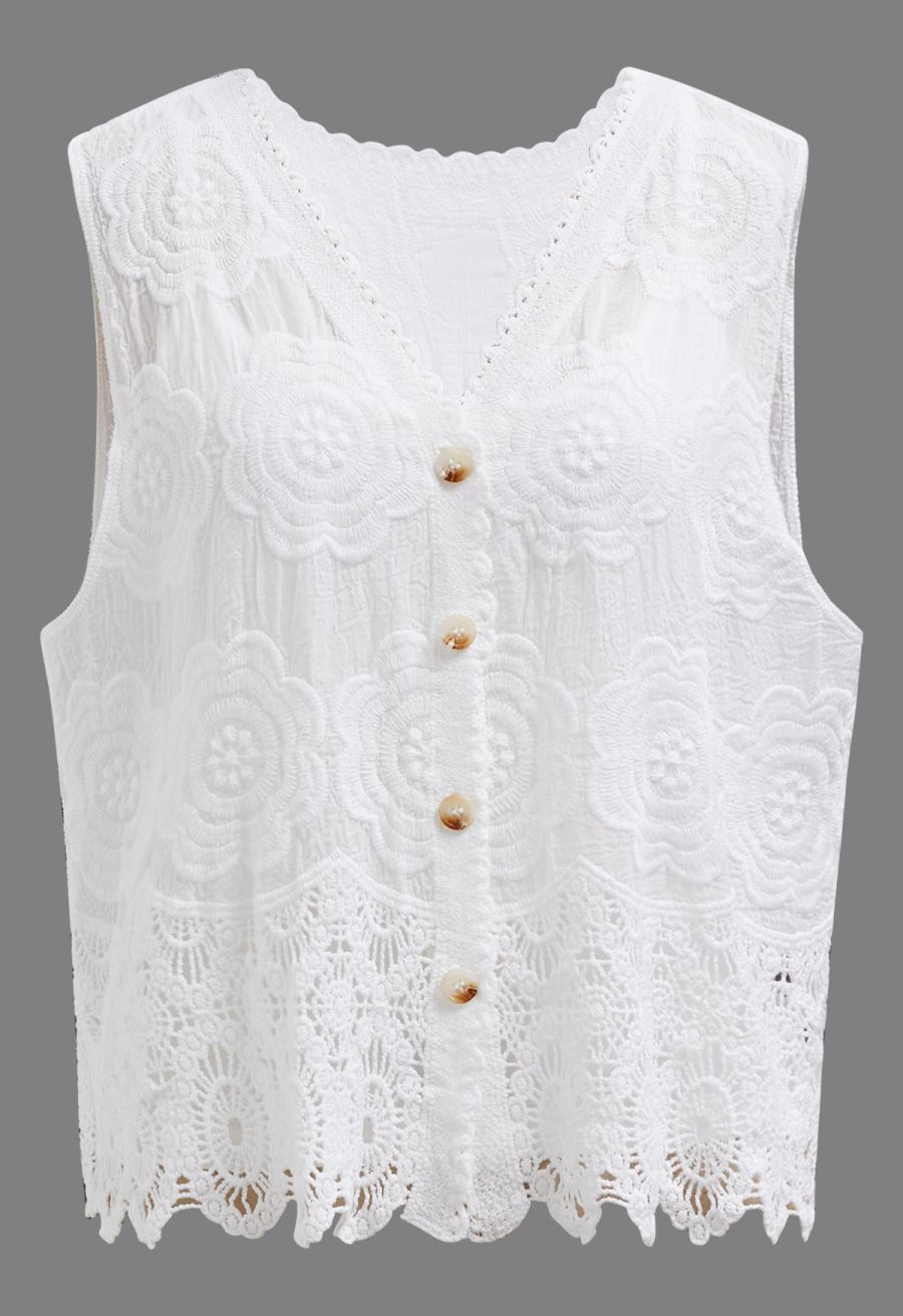 Artistry Floral Embroidered Crochet Vest in White