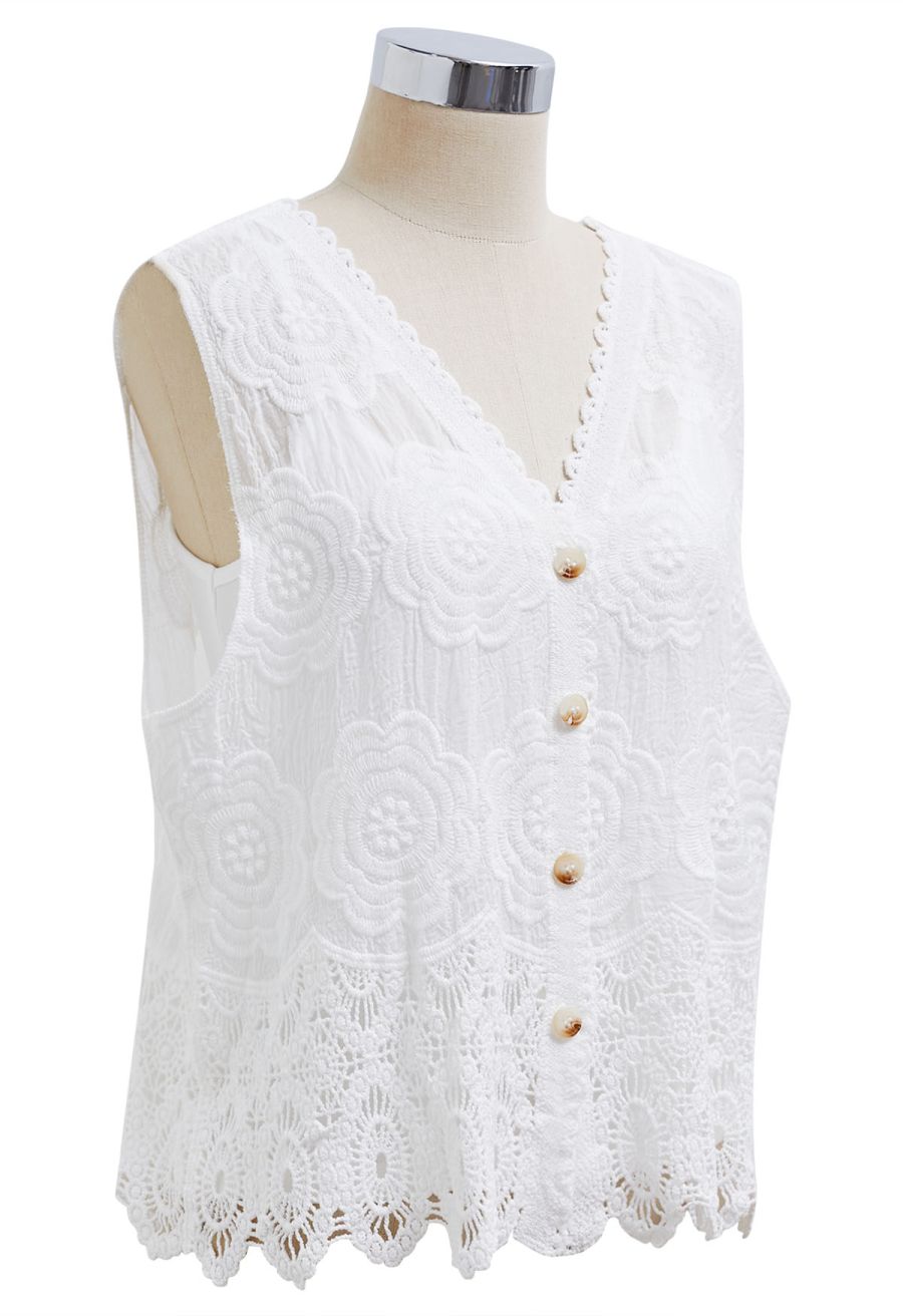 Artistry Floral Embroidered Crochet Vest in White