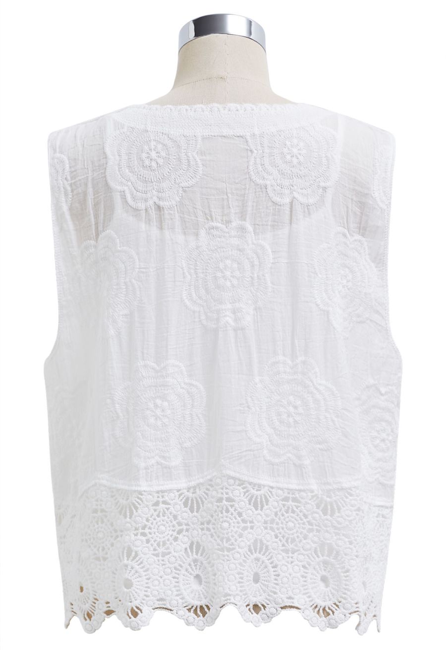 Artistry Floral Embroidered Crochet Vest in White