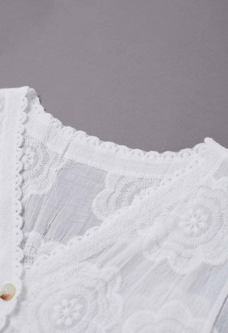 Artistry Floral Embroidered Crochet Vest in White