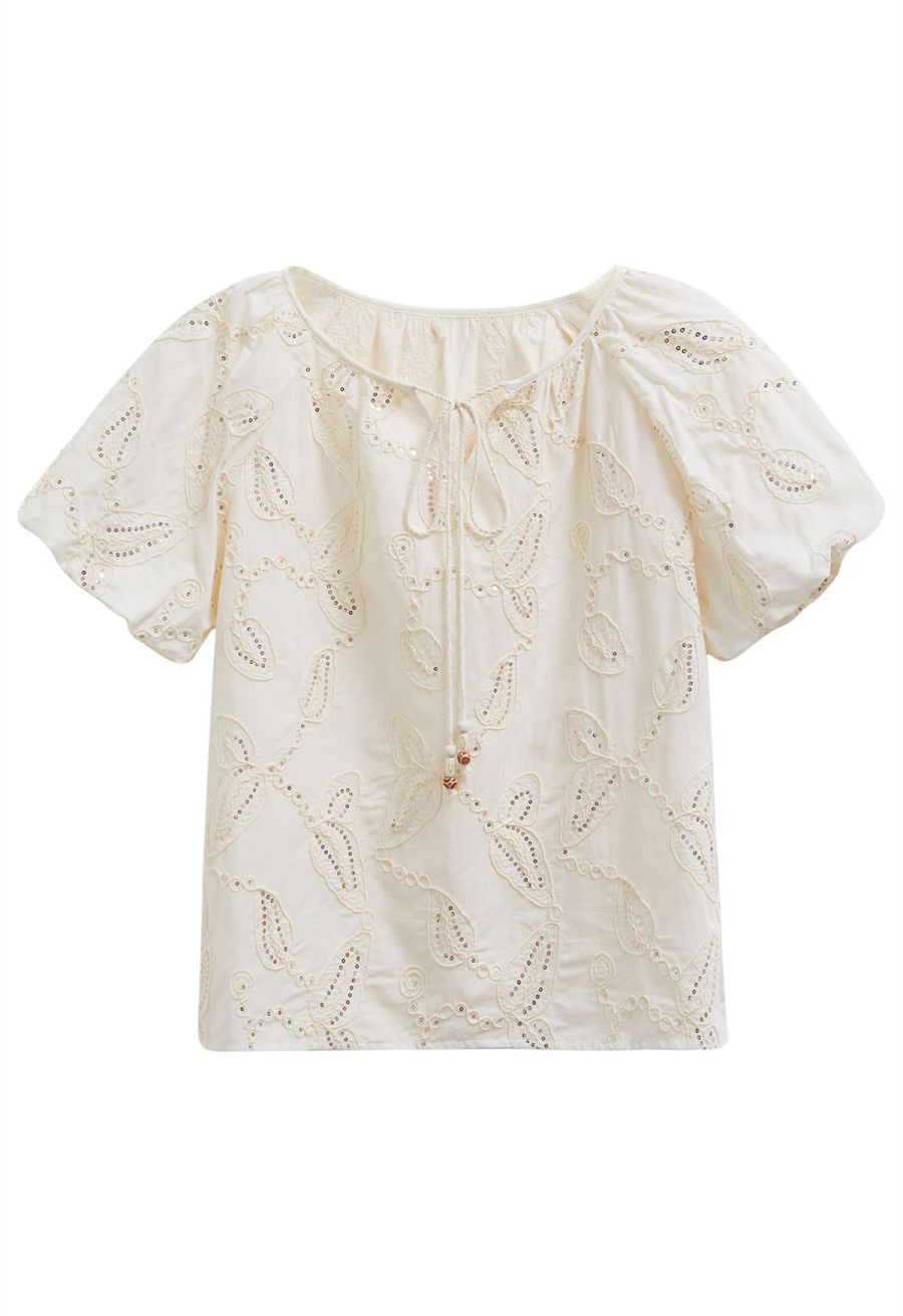 Sequined Embroidered Leaf Puff Sleeve Dolly Top