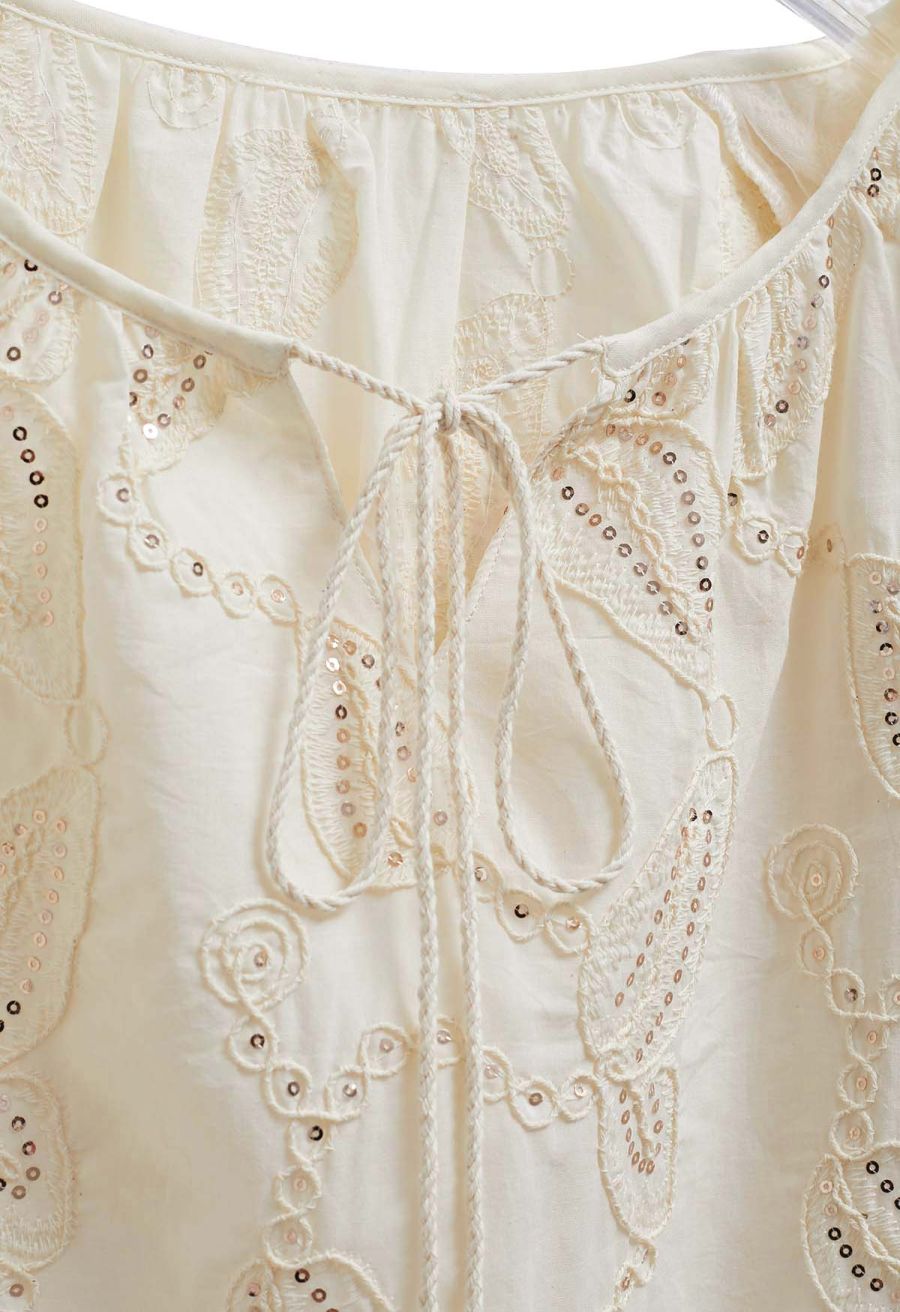 Sequined Embroidered Leaf Puff Sleeve Dolly Top
