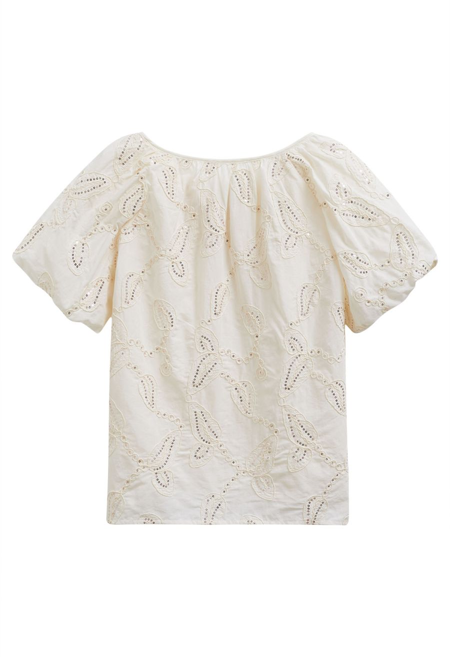 Sequined Embroidered Leaf Puff Sleeve Dolly Top